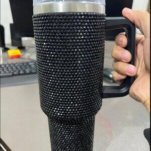 BLACK RHINESTONE 40oz TUMBLER WITH HANDLE- BLING CUP